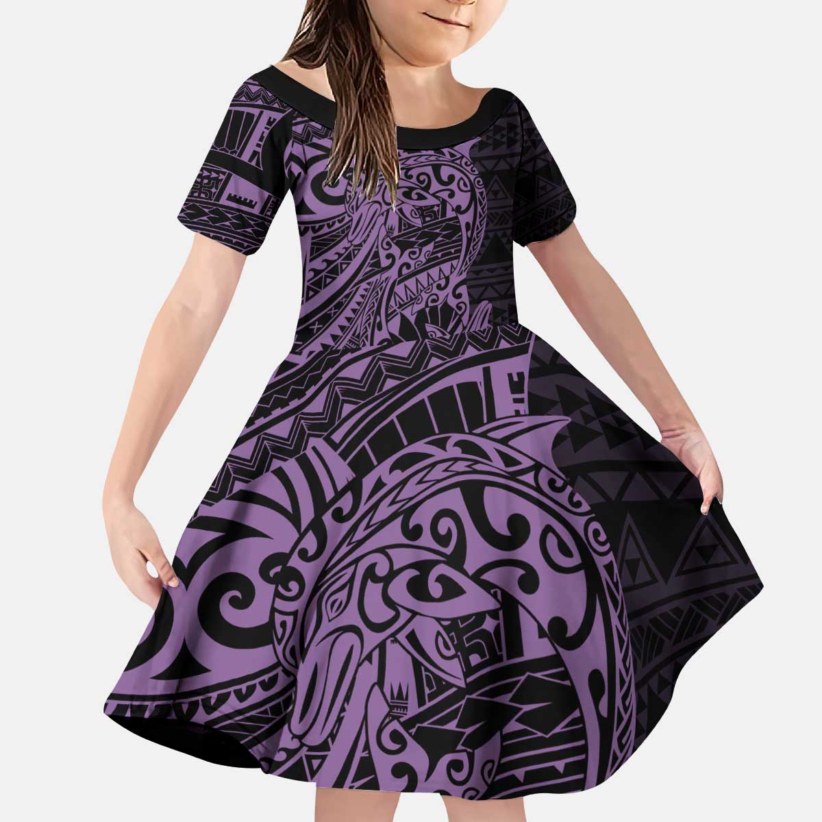Purple Couple Dolphins Maori Polynesian Style Kid Short Sleeve Dress LT9 KID Purple - Polynesian Pride