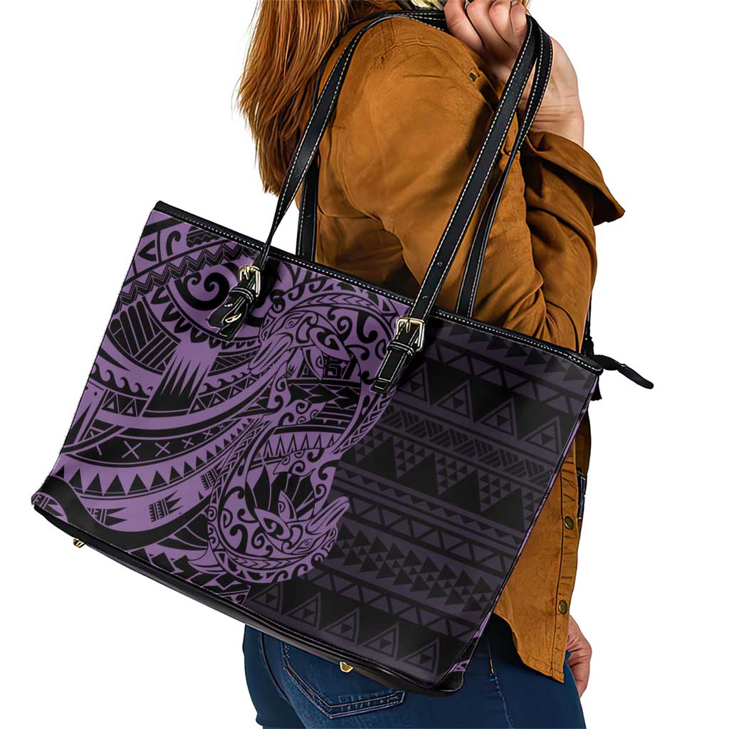 Purple Couple Dolphins Maori Polynesian Style Leather Tote Bag LT9 - Polynesian Pride