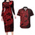 Red Couple Dolphins Maori Polynesian Style Couples Matching Long Sleeve Bodycon Dress and Hawaiian Shirt