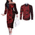 Red Couple Dolphins Maori Polynesian Style Couples Matching Off The Shoulder Long Sleeve Dress and Long Sleeve Button Shirt