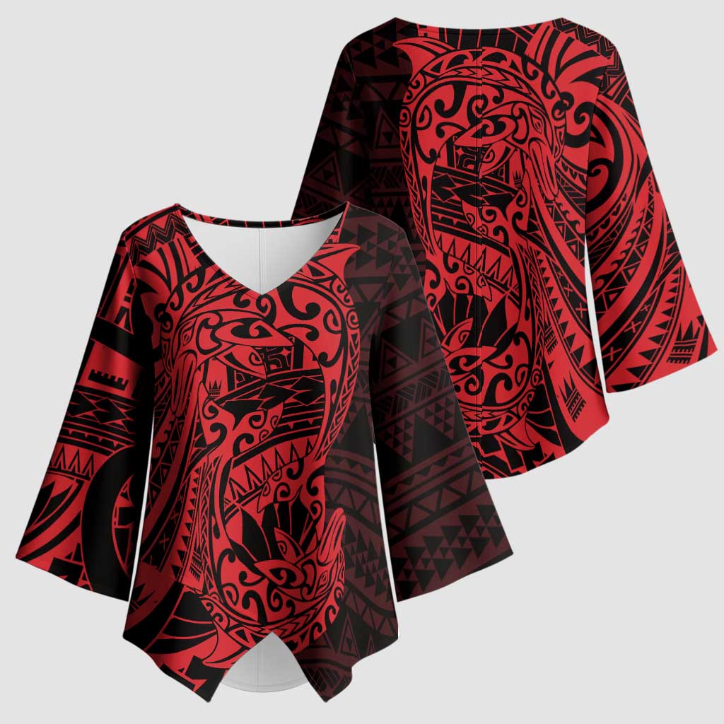 Red Couple Dolphins Maori Polynesian Style Kimono Sleeve Blouse LT9 - Polynesian Pride