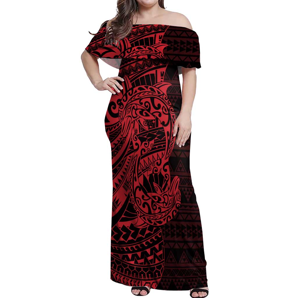 Red Couple Dolphins Maori Polynesian Style Off Shoulder Maxi Dress LT9 Women Red - Polynesian Pride