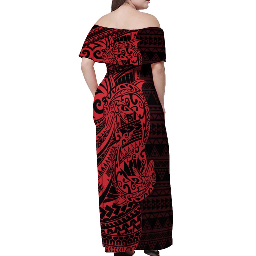 Red Couple Dolphins Maori Polynesian Style Off Shoulder Maxi Dress LT9 - Polynesian Pride