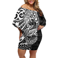 White Couple Dolphins Maori Polynesian Style Off Shoulder Short Dress LT9 Women White - Polynesian Pride