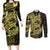 Yellow Couple Dolphins Maori Polynesian Style Couples Matching Long Sleeve Bodycon Dress and Long Sleeve Button Shirt