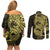 Yellow Couple Dolphins Maori Polynesian Style Couples Matching Off Shoulder Short Dress and Long Sleeve Button Shirt