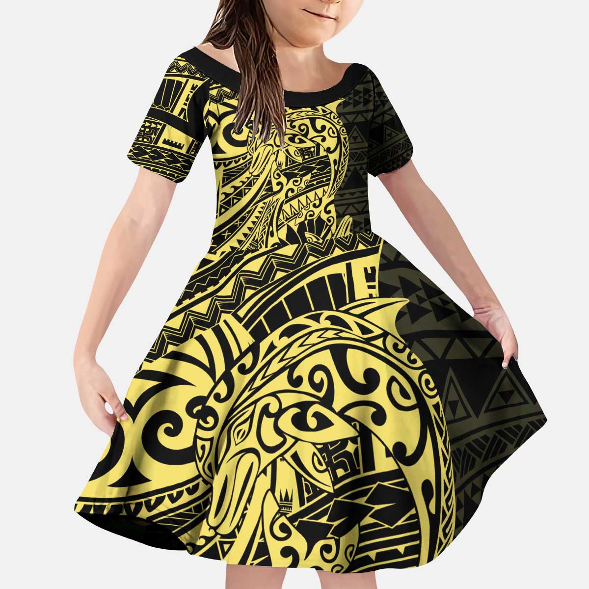 Yellow Couple Dolphins Maori Polynesian Style Kid Short Sleeve Dress LT9 KID Yellow - Polynesian Pride