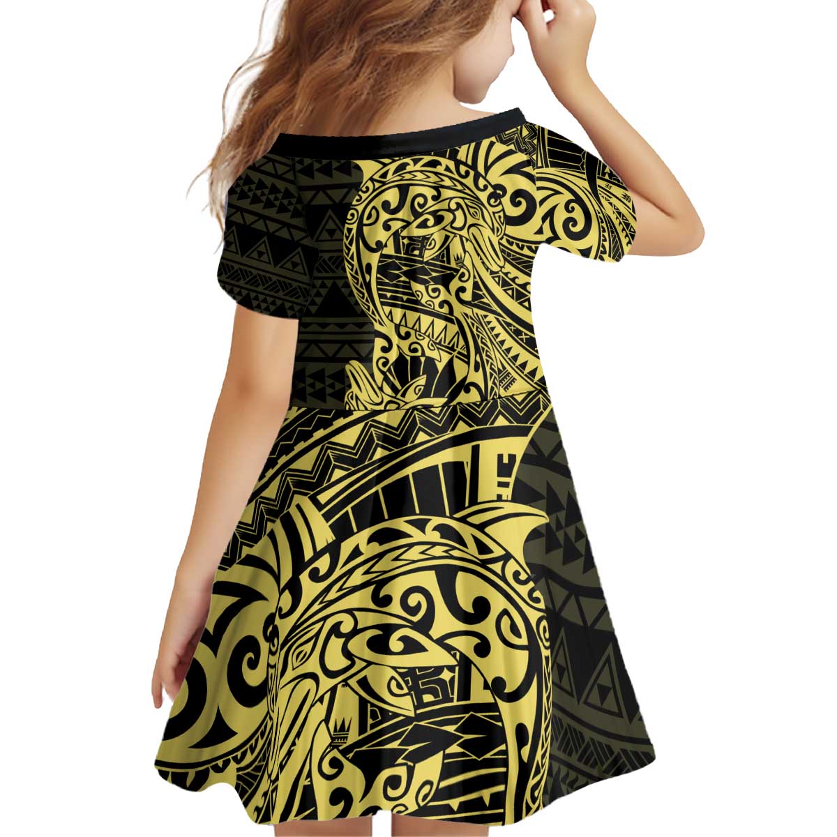 Yellow Couple Dolphins Maori Polynesian Style Kid Short Sleeve Dress LT9 - Polynesian Pride