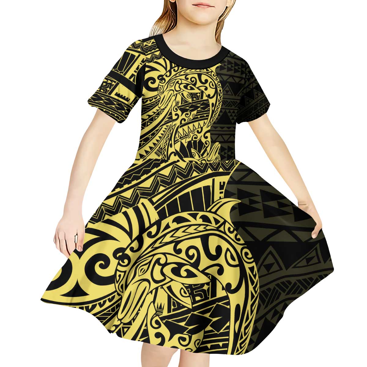 Yellow Couple Dolphins Maori Polynesian Style Kid Short Sleeve Dress LT9 - Polynesian Pride