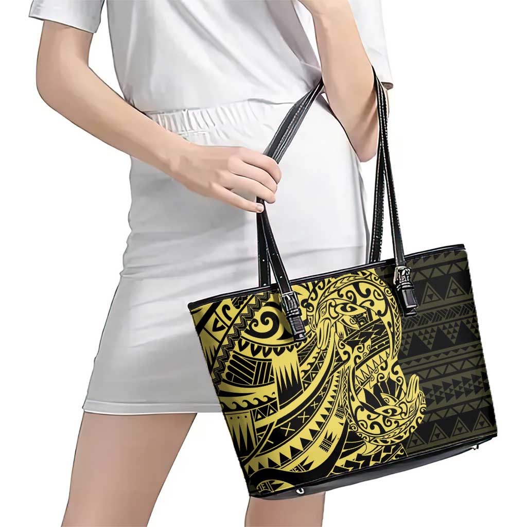 Yellow Couple Dolphins Maori Polynesian Style Leather Tote Bag LT9 - Polynesian Pride