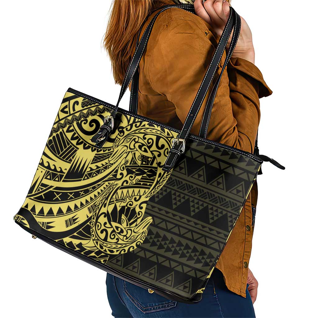 Yellow Couple Dolphins Maori Polynesian Style Leather Tote Bag LT9 - Polynesian Pride