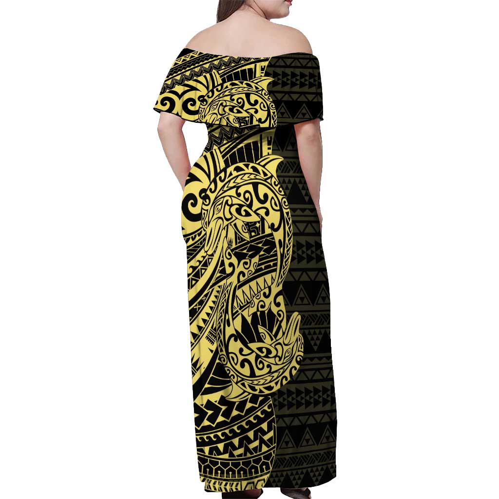 Yellow Couple Dolphins Maori Polynesian Style Off Shoulder Maxi Dress LT9 - Polynesian Pride