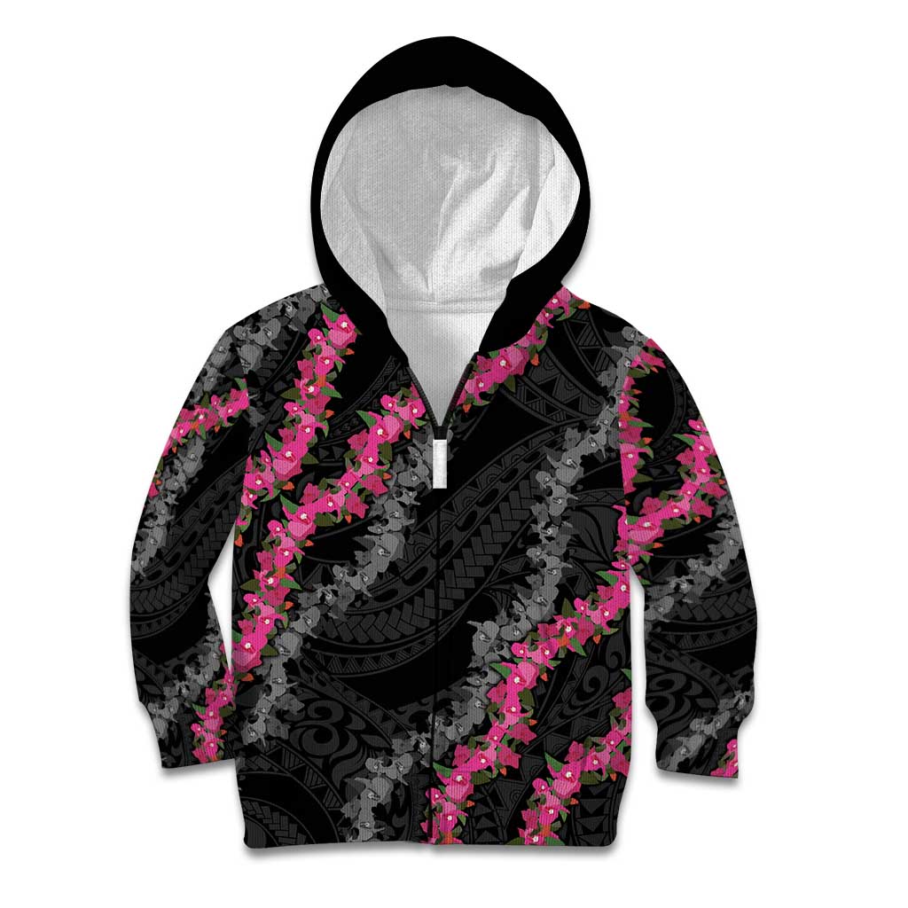 Guam Bougainvillea Lei Kid Hoodie Chamorro Tribal Pattern LT9 Zip Hoodie Black - Polynesian Pride