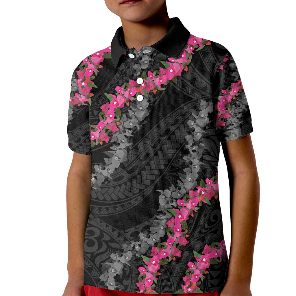 Guam Bougainvillea Lei Kid Polo Shirt Chamorro Tribal Pattern LT9 Kid Black - Polynesian Pride