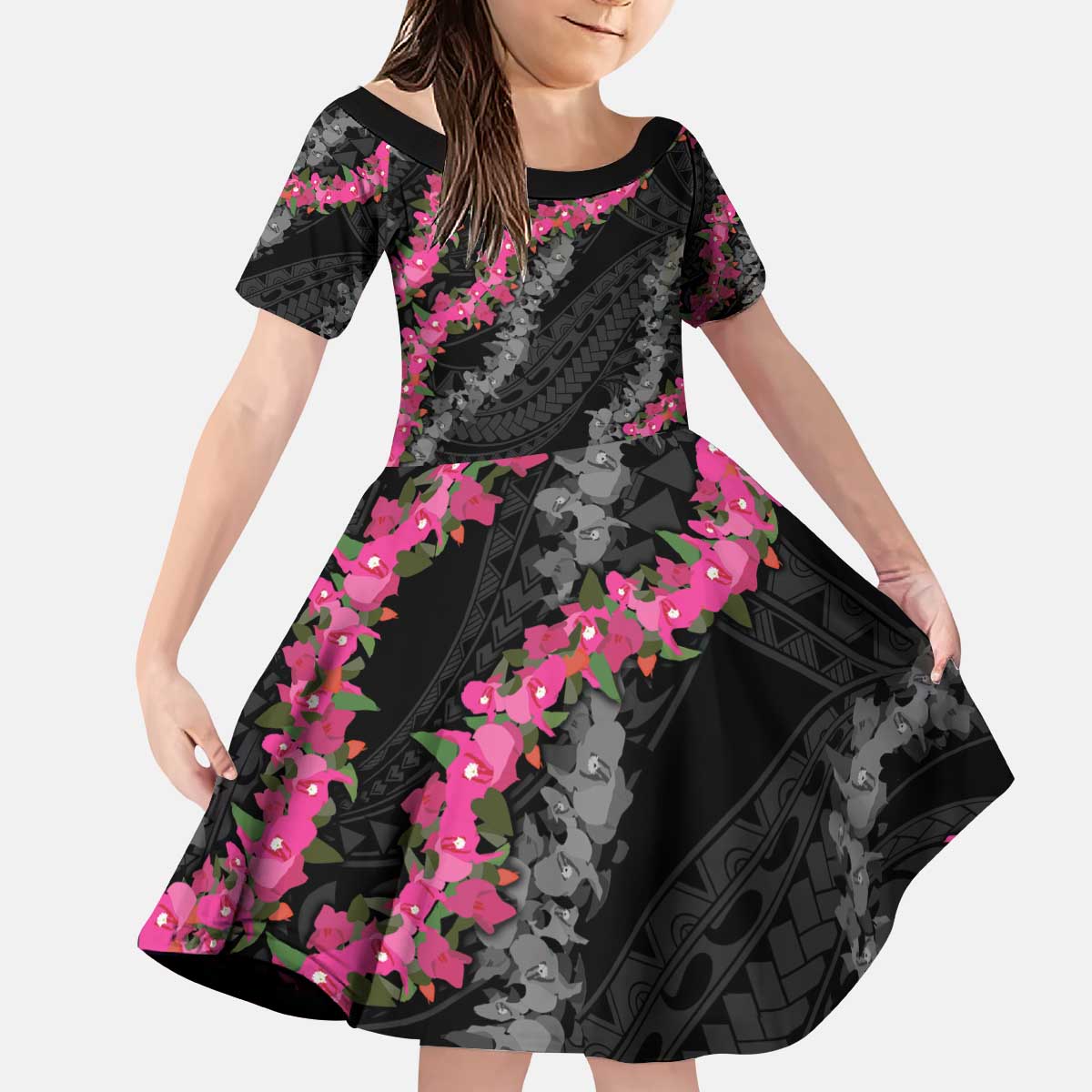 Guam Bougainvillea Lei Kid Short Sleeve Dress Chamorro Tribal Pattern LT9 KID Black - Polynesian Pride