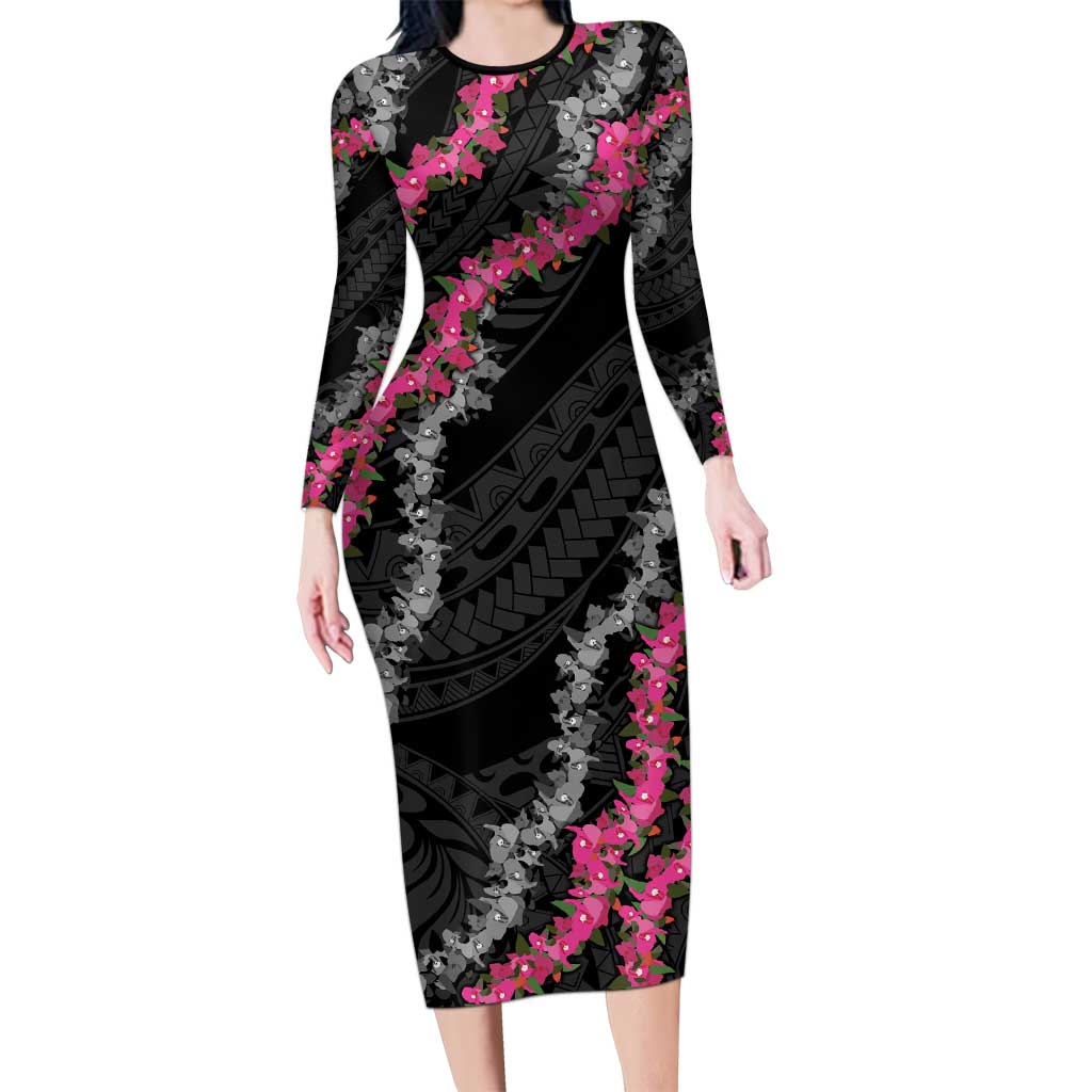Guam Bougainvillea Lei Long Sleeve Bodycon Dress Chamorro Tribal Pattern LT9 Long Dress Black - Polynesian Pride