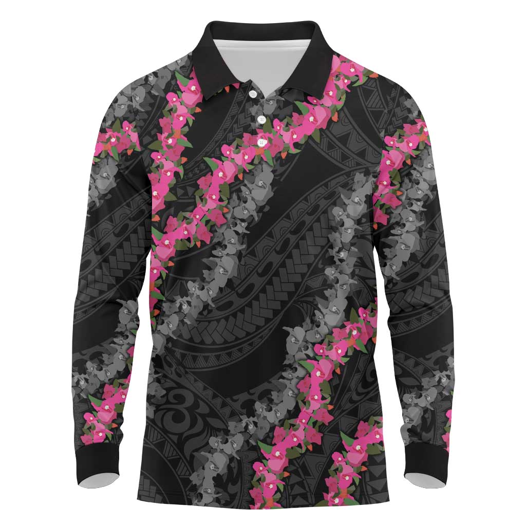 Guam Bougainvillea Lei Long Sleeve Polo Shirt Chamorro Tribal Pattern LT9 Black - Polynesian Pride