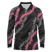Guam Bougainvillea Lei Long Sleeve Polo Shirt Chamorro Tribal Pattern LT9 Black - Polynesian Pride