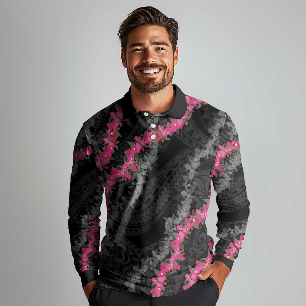 Guam Bougainvillea Lei Long Sleeve Polo Shirt Chamorro Tribal Pattern LT9 - Polynesian Pride