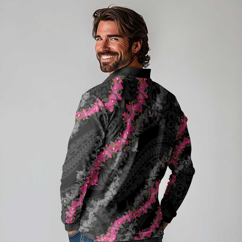 Guam Bougainvillea Lei Long Sleeve Polo Shirt Chamorro Tribal Pattern LT9 - Polynesian Pride