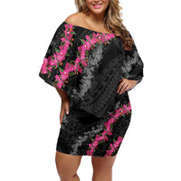 Guam Bougainvillea Lei Off Shoulder Short Dress Chamorro Tribal Pattern LT9 Women Black - Polynesian Pride