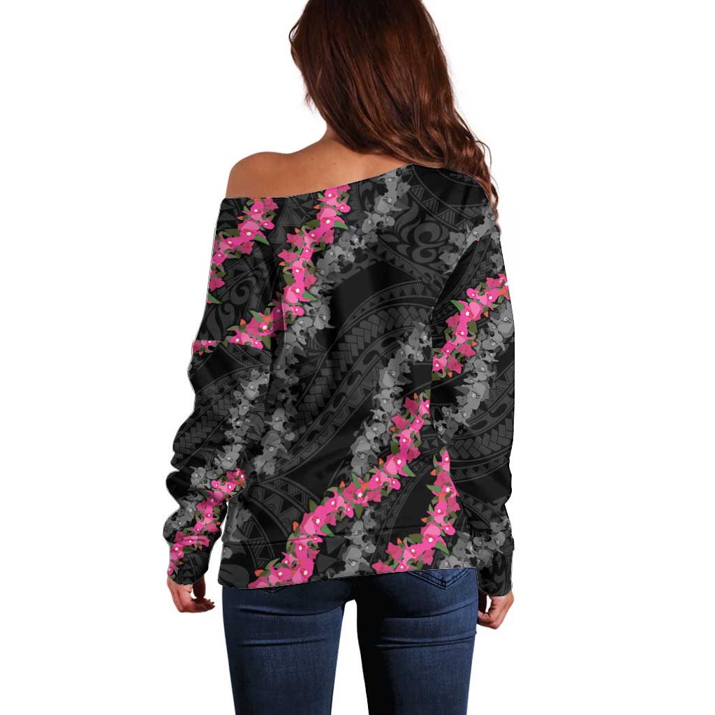 Guam Bougainvillea Lei Off Shoulder Sweater Chamorro Tribal Pattern LT9 - Polynesian Pride