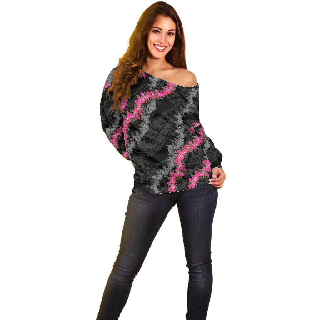 Guam Bougainvillea Lei Off Shoulder Sweater Chamorro Tribal Pattern LT9 - Polynesian Pride