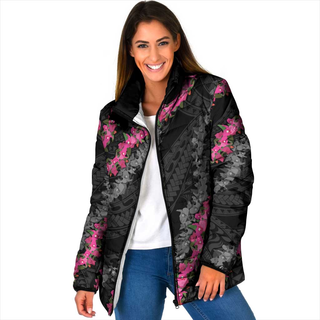 Guam Bougainvillea Lei Padded Jacket Chamorro Tribal Pattern LT9 Women Black - Polynesian Pride