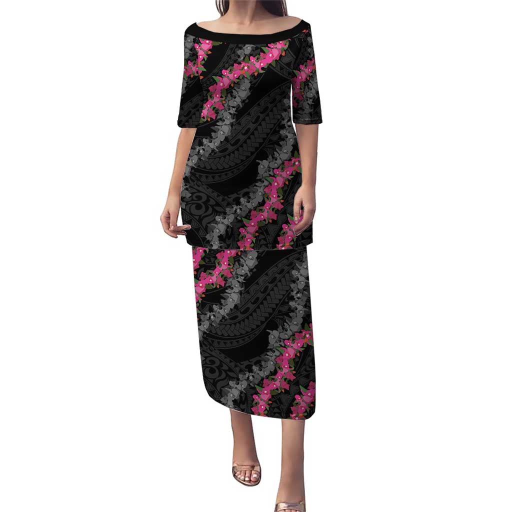 Guam Bougainvillea Lei Puletasi Chamorro Tribal Pattern LT9 Long Dress Black - Polynesian Pride