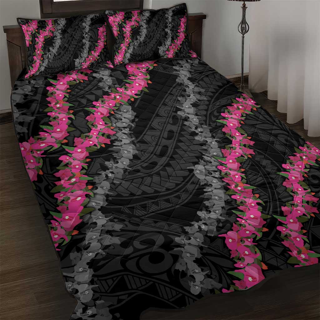 Guam Bougainvillea Lei Quilt Bed Set Chamorro Tribal Pattern LT9 Black - Polynesian Pride