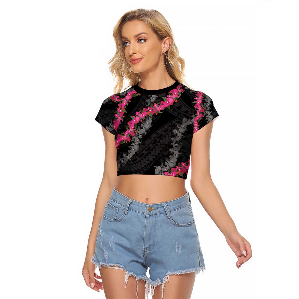 Guam Bougainvillea Lei Raglan Cropped T Shirt Chamorro Tribal Pattern LT9 Female Black - Polynesian Pride