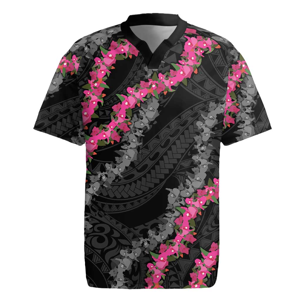 Guam Bougainvillea Lei Rugby Jersey Chamorro Tribal Pattern LT9 Black - Polynesian Pride
