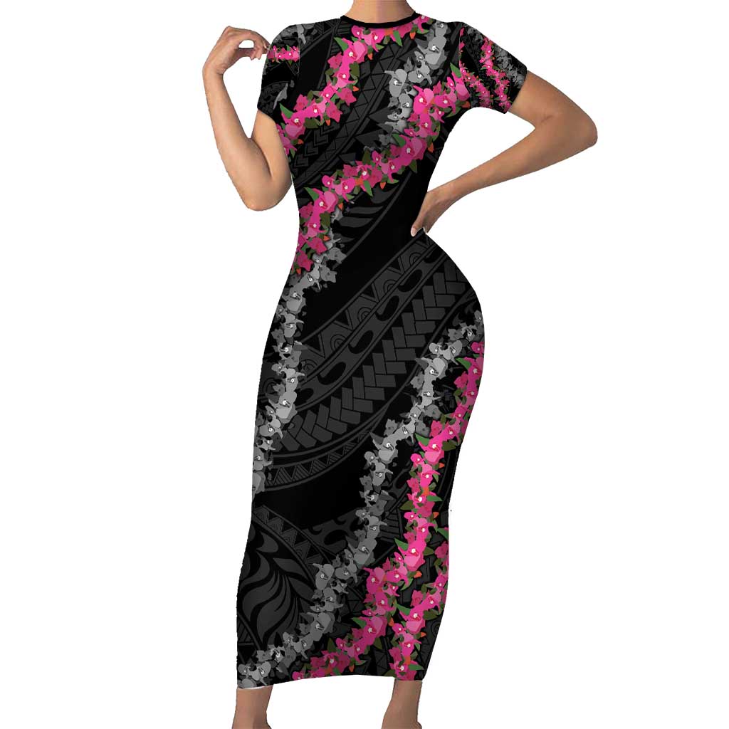 Guam Bougainvillea Lei Short Sleeve Bodycon Dress Chamorro Tribal Pattern LT9 Long Dress Black - Polynesian Pride