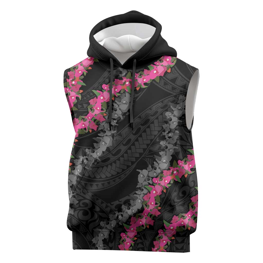 Guam Bougainvillea Lei Sleeveless Hoodie Chamorro Tribal Pattern LT9 Black - Polynesian Pride