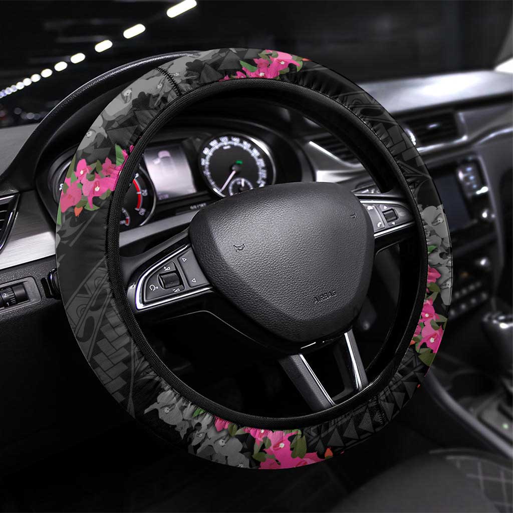 Guam Bougainvillea Lei Steering Wheel Cover Chamorro Tribal Pattern LT9 Universal Fit Black - Polynesian Pride