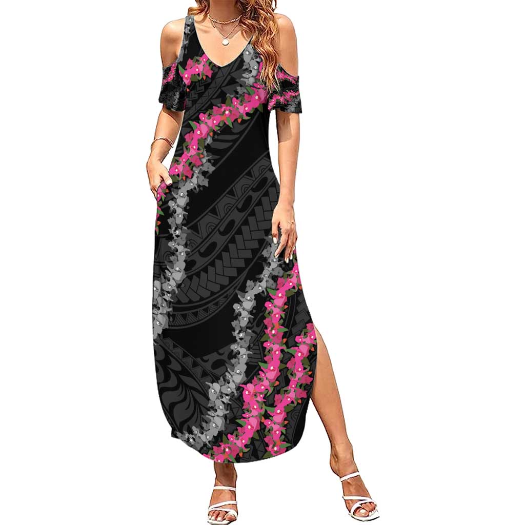 Guam Bougainvillea Lei Summer Maxi Dress Chamorro Tribal Pattern LT9 Women Black - Polynesian Pride