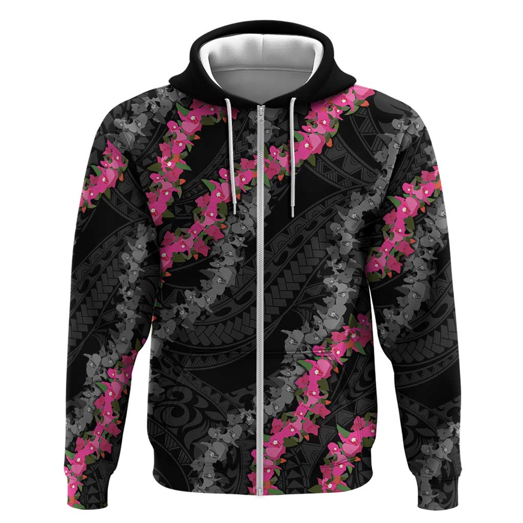 Guam Bougainvillea Lei Zip Hoodie Chamorro Tribal Pattern LT9 Zip Hoodie Black - Polynesian Pride