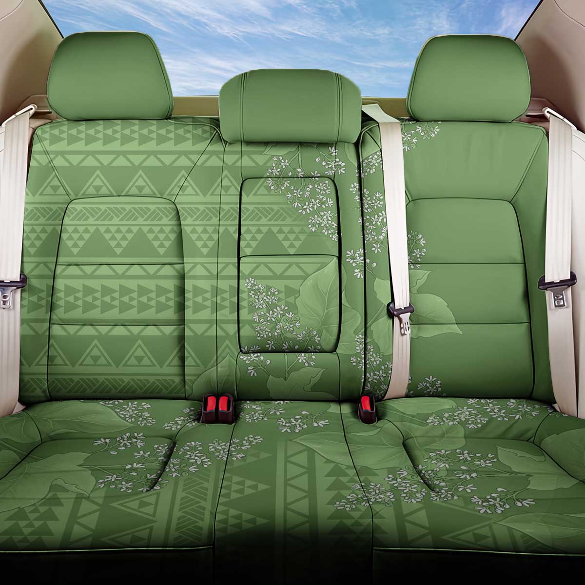 Hawaii Molokai Island Kukui Nut Flowers Back Car Seat Cover Tribal Kakau Pattern LT9 One Size Green - Polynesian Pride