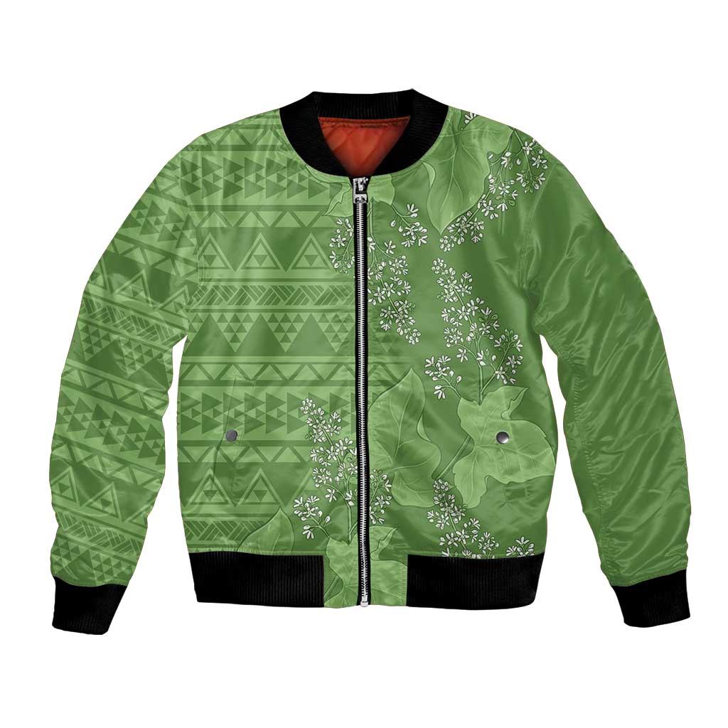 Hawaii Molokai Island Kukui Nut Flowers Bomber Jacket Tribal Kakau Pattern LT9 Unisex Green - Polynesian Pride