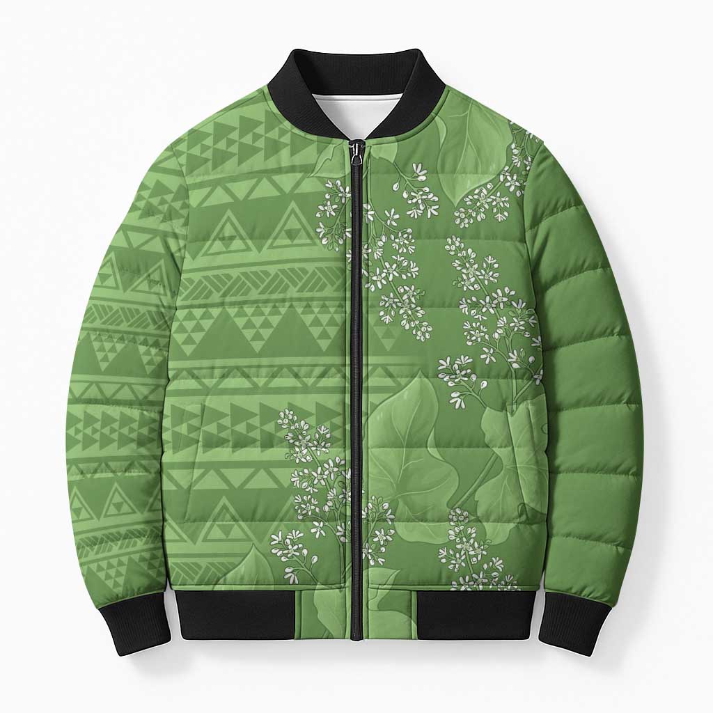 Hawaii Molokai Island Kukui Nut Flowers Bomber Puffer Jacket Tribal Kakau Pattern LT9 Unisex Green - Polynesian Pride