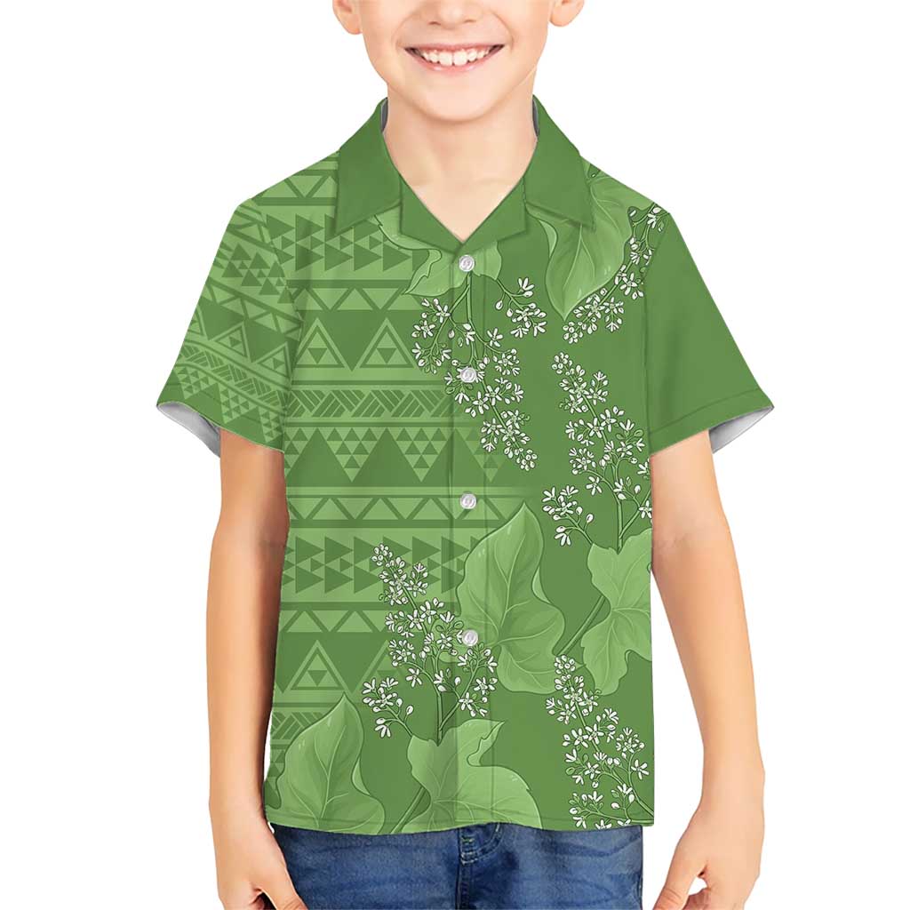 Hawaii Molokai Island Kukui Nut Flowers Kid Hawaiian Shirt Tribal Kakau Pattern LT9 Kid Green - Polynesian Pride
