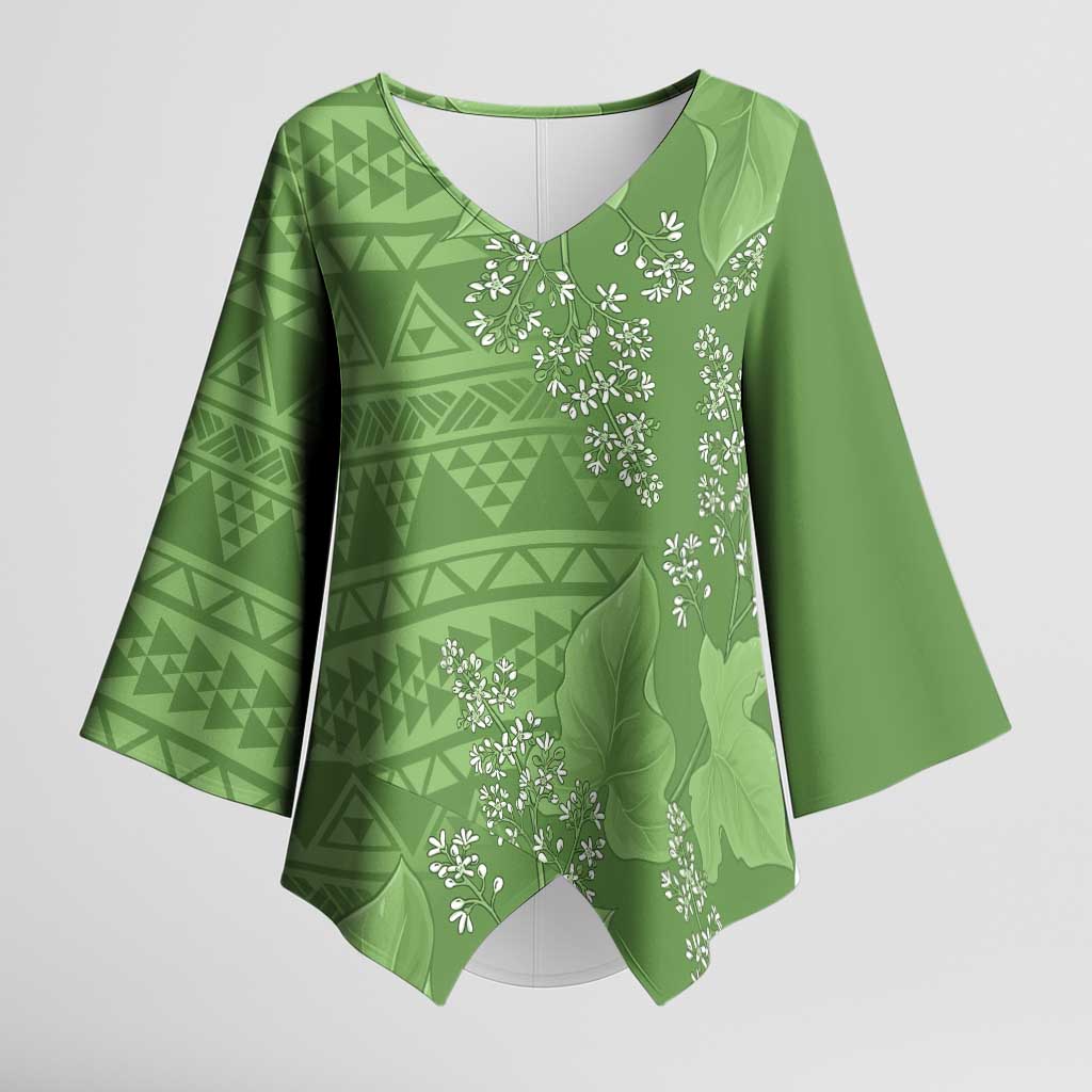Hawaii Molokai Island Kukui Nut Flowers Kimono Sleeve Blouse Tribal Kakau Pattern LT9 Female Green - Polynesian Pride