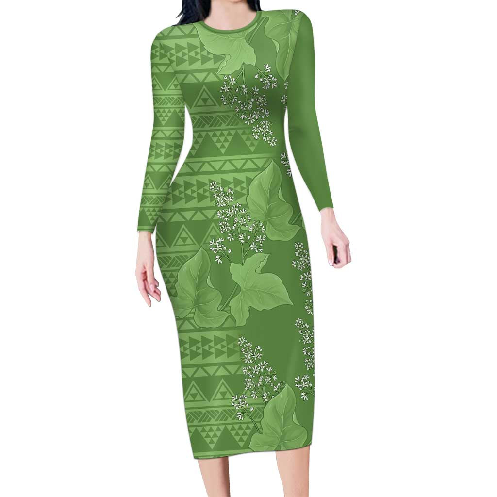 Hawaii Molokai Island Kukui Nut Flowers Long Sleeve Bodycon Dress Tribal Kakau Pattern LT9 Long Dress Green - Polynesian Pride