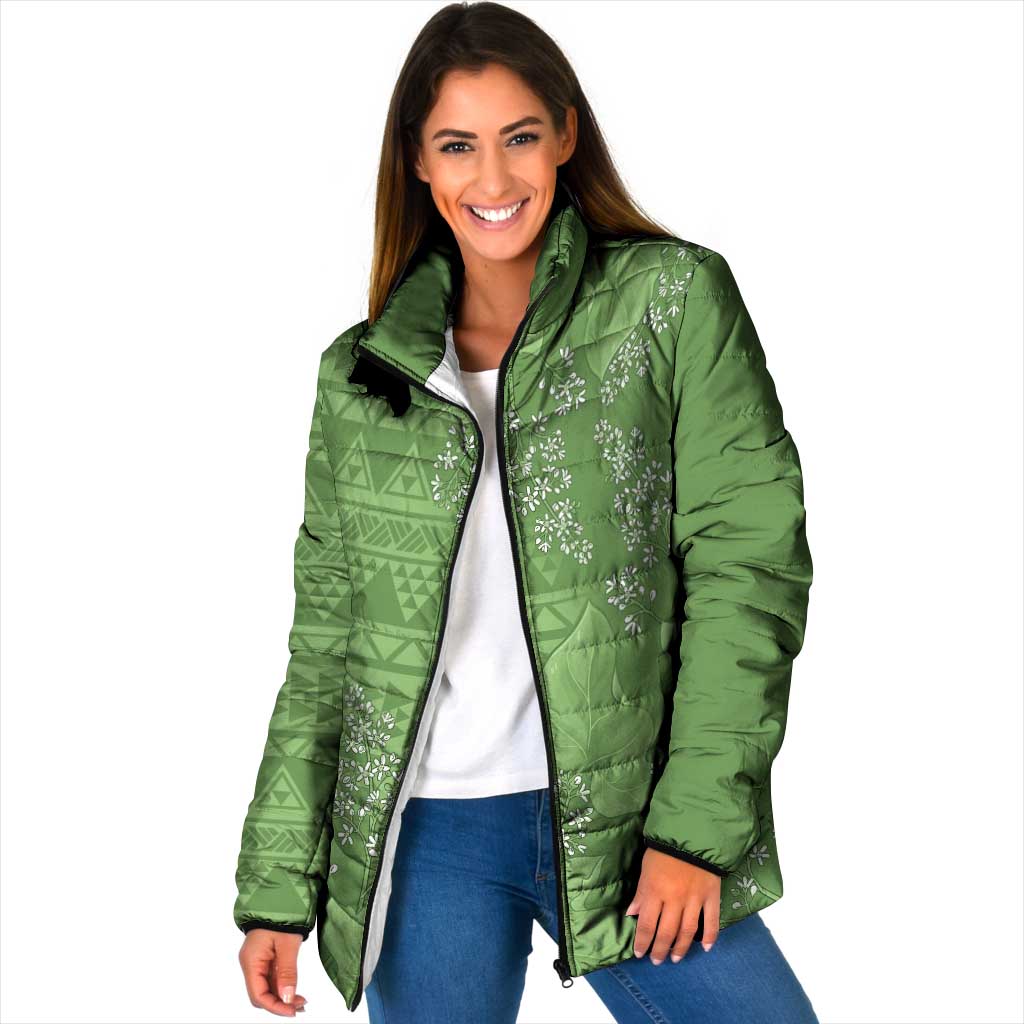 Hawaii Molokai Island Kukui Nut Flowers Padded Jacket Tribal Kakau Pattern LT9 Women Green - Polynesian Pride
