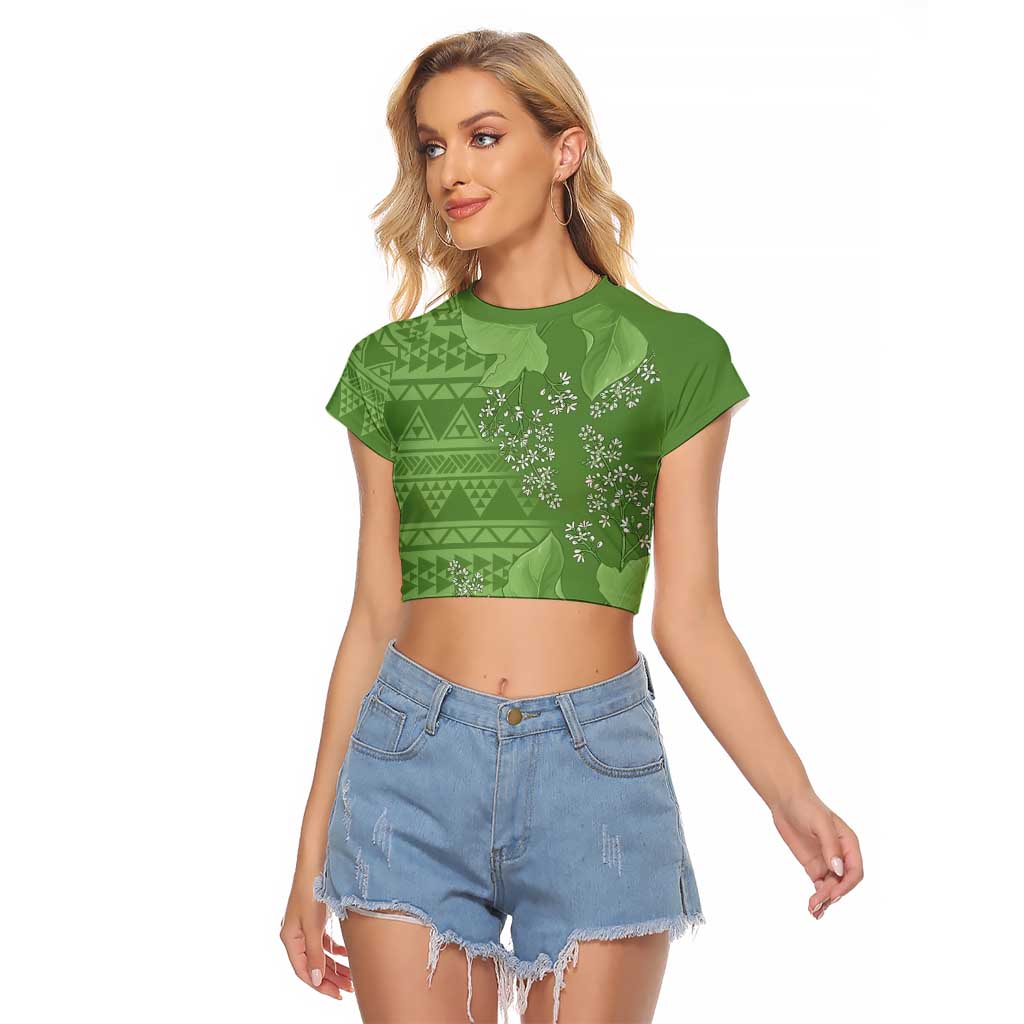 Hawaii Molokai Island Kukui Nut Flowers Raglan Cropped T Shirt Tribal Kakau Pattern LT9 Female Green - Polynesian Pride