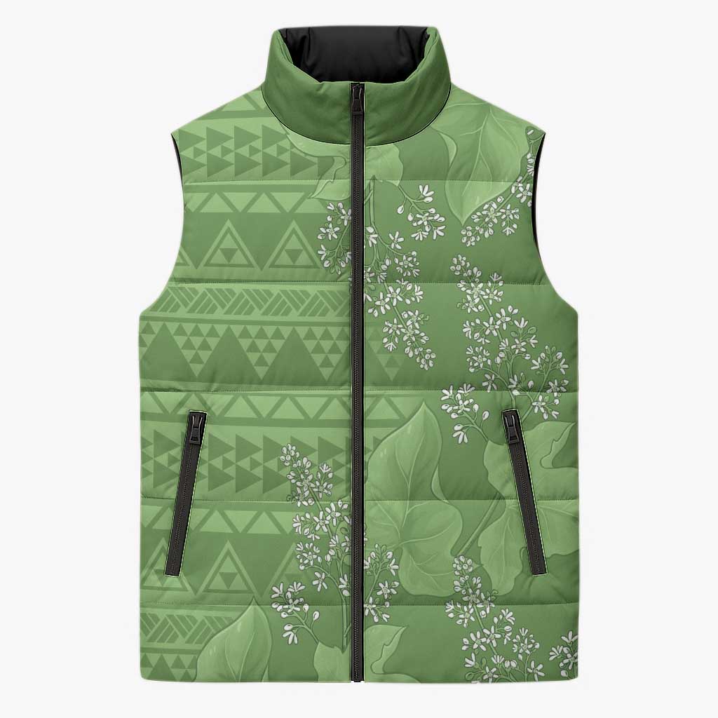 Hawaii Molokai Island Kukui Nut Flowers Sleeveless Puffer Jacket Tribal Kakau Pattern LT9 Unisex Green - Polynesian Pride