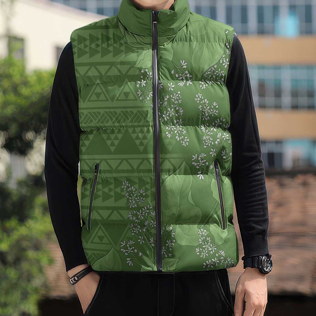Hawaii Molokai Island Kukui Nut Flowers Sleeveless Puffer Jacket Tribal Kakau Pattern LT9 - Polynesian Pride
