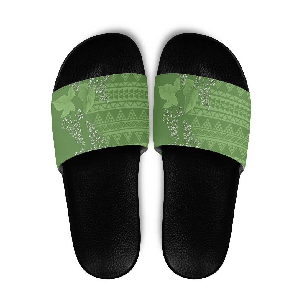 Hawaii Molokai Island Kukui Nut Flowers Slide Sandals Tribal Kakau Pattern LT9 Green - Polynesian Pride