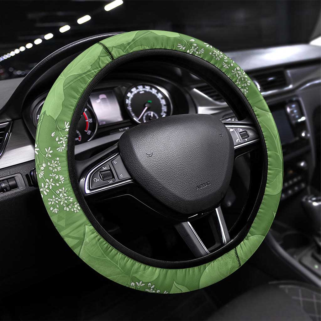 Hawaii Molokai Island Kukui Nut Flowers Steering Wheel Cover Tribal Kakau Pattern LT9 Universal Fit Green - Polynesian Pride