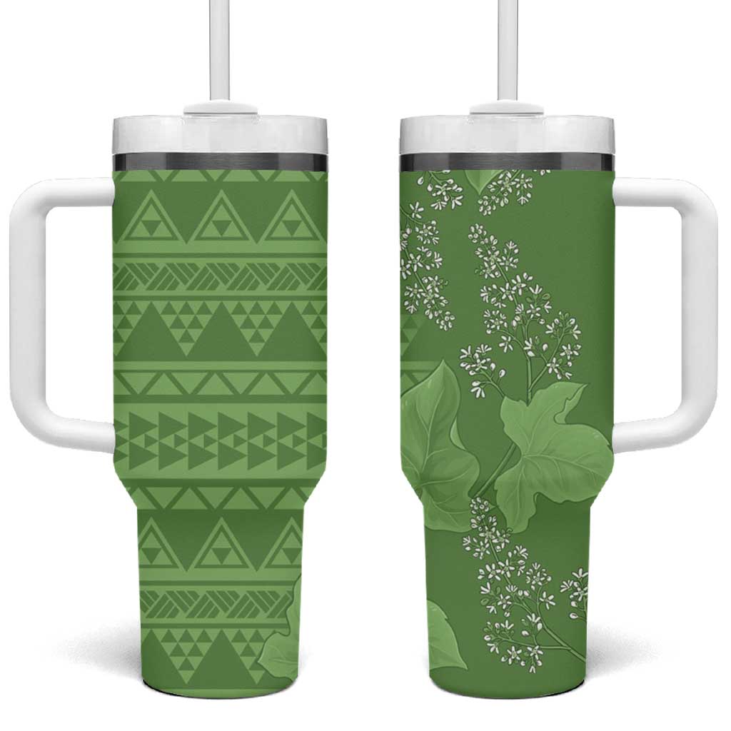 Hawaii Molokai Island Kukui Nut Flowers Tumbler With Handle Tribal Kakau Pattern LT9 One Size: 40 oz Green - Polynesian Pride
